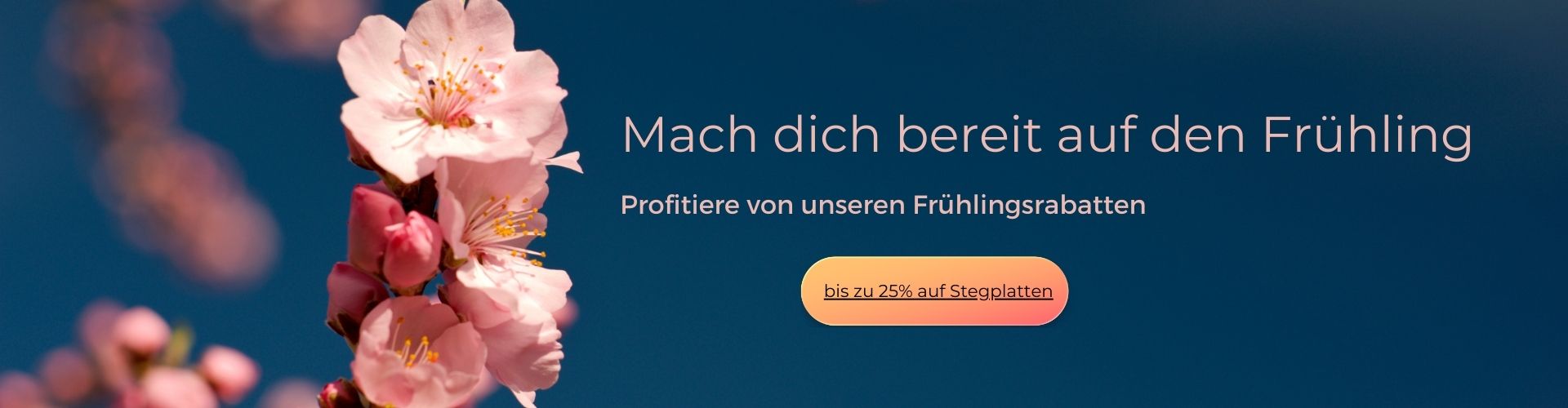Banner mit rosa Kirschblüten vor blauem Himmel und dem Text 'Mach dich bereit Frühling – Profitiere von unseren Frühlingsrabatten'. Button mit Text 'bis zu 25% auf Stegplatten'.“