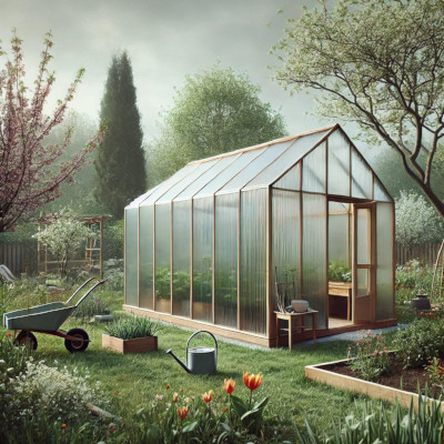 Frühlingsgarten mit einem kleinen Gewächshaus aus Polycarbonat, umgeben von Hochbeeten und Gartenwerkzeugen.