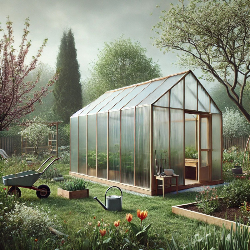 Frühlingsgarten mit einem kleinen Gewächshaus aus Polycarbonat, umgeben von Hochbeeten und Gartenwerkzeugen.