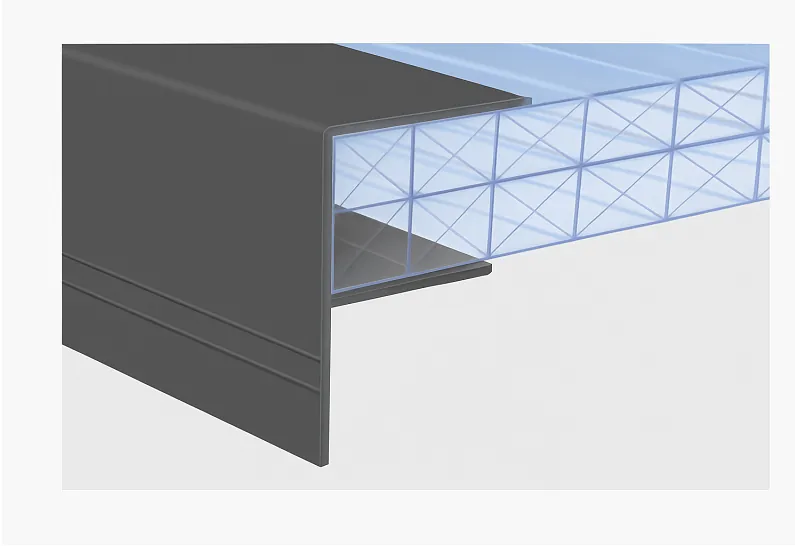 Aluminium F-Profil als sauberer seitlicher Abschluss von Doppelstegplatten.