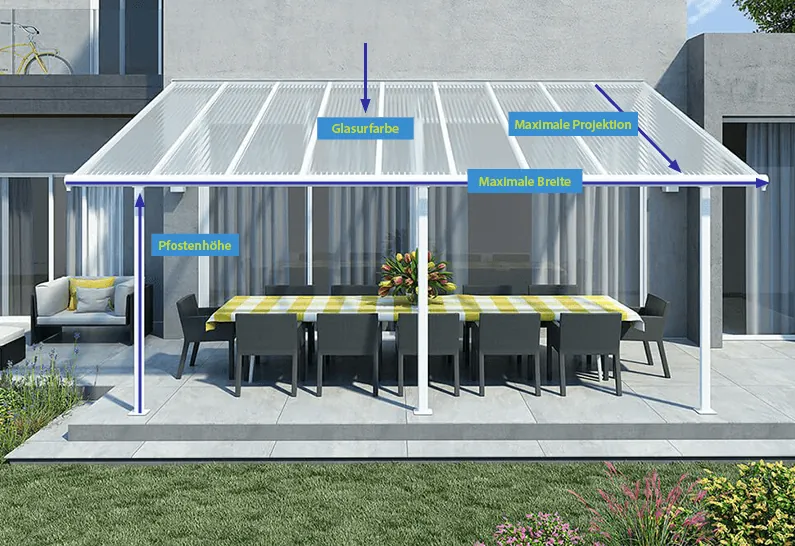 Terrassenüberdachung aus Polycarbonat mit Maßangaben und Planungshinweisen